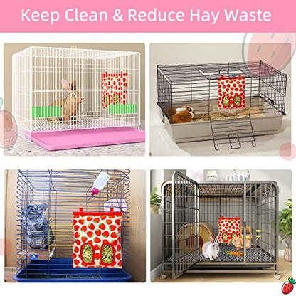 2Packs Large Rabbit Hay Feeder Bag, Upgraded Guinea Pig Hay Feeder with 3 Hooks, Chew Proof Washable Hay Bag for Rabbits Bunny Chinchilla Hamster, Mess Free Grass Holder 2 Holes, 9.8x11.4 Inch - color: Strawberry+Strawberry