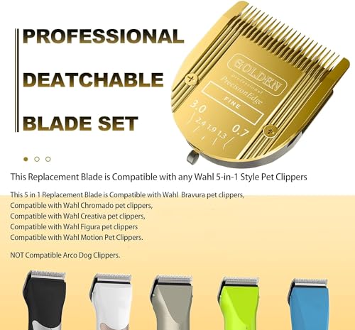 Adjustable 5 in 1 Blades Dog Grooming Blades Compatible with Wahl | For Clipper Arco, Compatible with Bravura, Chromado, Creativa, Compatible with Figura and Motion,Gold,3-Pack - color: GOLD/3PCS