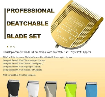 Adjustable 5 in 1 Blades Dog Grooming Blades Compatible with Wahl | For Clipper Arco, Compatible with Bravura, Chromado, Creativa, Compatible with Figura and Motion,Gold,3-Pack - color: GOLD/3PCS