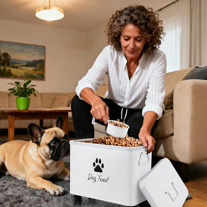 Dog Food Container 13lb, Cute Airtight Pet Food Storage Containers with Metal Lid Scoop, Black Metal Storage Bin for Dog/Cat with Wheels,Easy to Move White - color: White-L