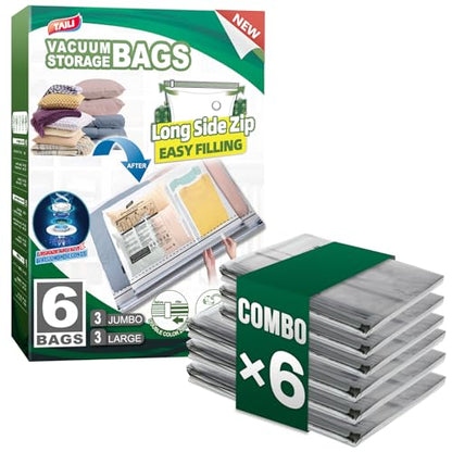 TAILI 6 Pack Vacuum Storage Bags, 2 Size Combo(3 Large+3 Jumbo), Clear - size: 6 Combo