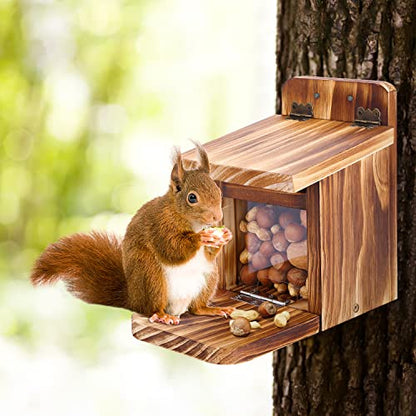 MIXXIDEA Wooden Squirrel Feeder Box, Sturdy Squirrel Feeding House with Thickness 1.5CM Wood, No Assembly Required, for Backyard Outside Garden (1 PCS)