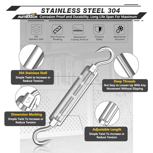 AUTMATCH M5 Hook&Hook Turnbuckle - 304 Stainless Steel Wire Rope Tensioner | Adjustable Turnbuckle for Cable Railing, Fence & Shade Sail Hardware, Wire Rope Tension Kit, 6-Pack, Silver - color: Silver Tone - Hook & Hook, size: M5