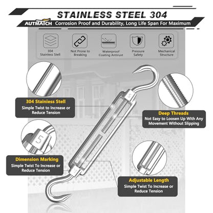 AUTMATCH M5 Hook&Hook Turnbuckle - 304 Stainless Steel Wire Rope Tensioner | Adjustable Turnbuckle for Cable Railing, Fence & Shade Sail Hardware, Wire Rope Tension Kit, 6-Pack, Silver - color: Silver Tone - Hook & Hook, size: M5