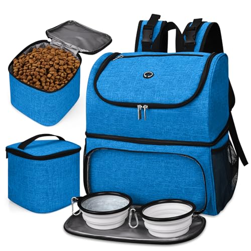 BAGLHER Pet Travel Bag, Double-Layer Pet Supplies Backpack (for All Pet Travel Supplies), Pet Travel Backpack with 2 Silicone Collapsible Bowls and 2 Food Baskets Blue - color: Blue