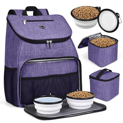 BAGLHER丨Dog Travel Bag, Airline Approved Pet Supplies Backpack, Dog Travel Backpack Accessories Set with 2 Silicone Collapsible Bowls and 2 Food Baskets. Purple - color: Purple-A