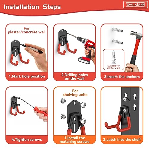 WALMANN Garage Storage Hooks, Wall Mount Utility Hooks for Tools | Wall Hooks for Ladders, Cords, Folding Chairs, Shovels and Rakes, Shelving Hooks for Keyhole Shelving Units - style: Orange-red Hook