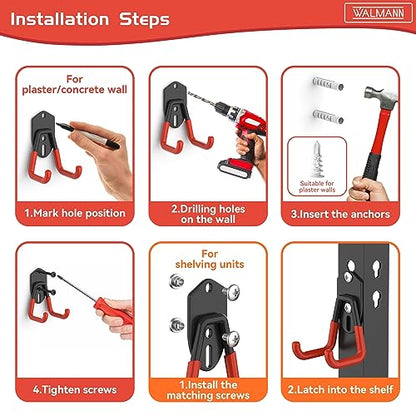 WALMANN Garage Storage Hooks, Wall Mount Utility Hooks for Tools | Wall Hooks for Ladders, Cords, Folding Chairs, Shovels and Rakes, Shelving Hooks for Keyhole Shelving Units - style: Orange-red Hook