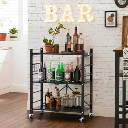 Himix 3 Tier Foldable Storage Shelf with Wheels 6 Hooks No Assembly Black - color: Black, size: 3-Tier