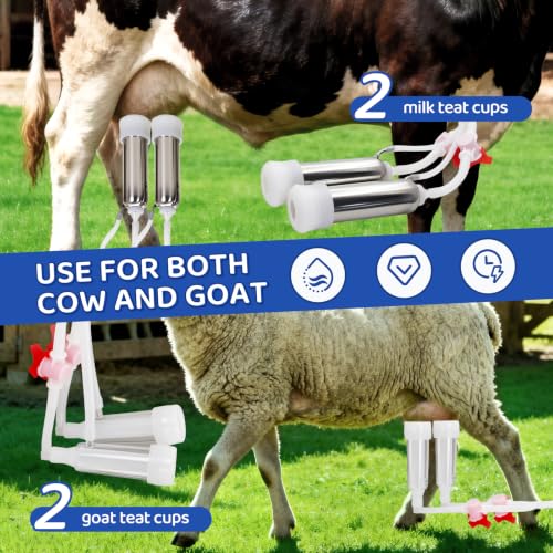 2-in-1 Goat and Cow Milking Machine, 3.7Gal Stainless Steel Bucket with 5200mAh Built-in Rechargeable Battery, Cordless Electric Vacuum Pulsator, 4 Teat Cups, Portable Electric Milking Machine (14L)
