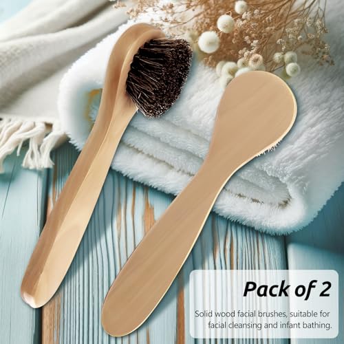 2-Pack Wood Handle Facial Cleansing Brush with Soft Horsehair Natural Bristles, Gentle Exfoliating Scrub Brush for Face and Skin Care