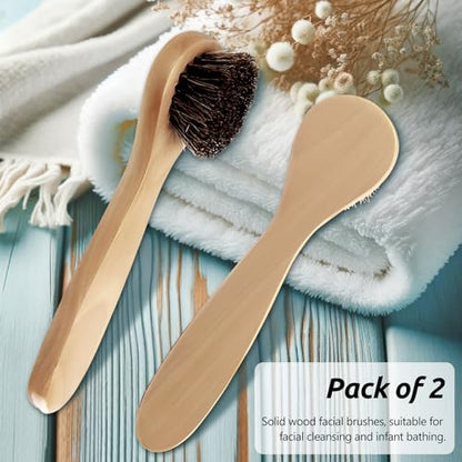 2-Pack Wood Handle Facial Cleansing Brush with Soft Horsehair Natural Bristles, Gentle Exfoliating Scrub Brush for Face and Skin Care