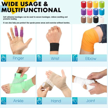 12 Pack Self Adhesive Bandage Wrap, 2 in x 5 Yards Vet Wrap Tape, Blue | Non-Woven Self Adherent Cohesive Bandage for Thumb, Finger, Wrist, Knee, Ankle - color: Blue