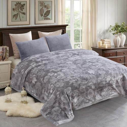 JML Raschel Fleece Blanket King Heavy,10.5 lbs, 87" x 94", Grey Frames | Korean Style, 2 Ply A&B Printed Embossed, Plush Soft Thick Warm for Winter - color: Grey Frames