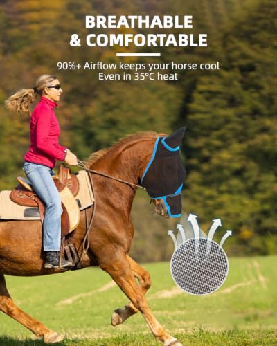 Hilltown Horse Fly Mask with Ears and Nose Cover - Cob, Blue - color: Sky Blue, size: COB