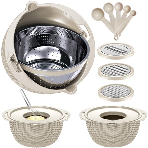 4-1 Colander with Bowl & Spoons Set - Rotatable Colander for kitchen with New Upgraded Graters, Food Strainer(Patented) for Pasta, Fruits, Vegetables, Funny Presents for Women, Beige - color: Beige