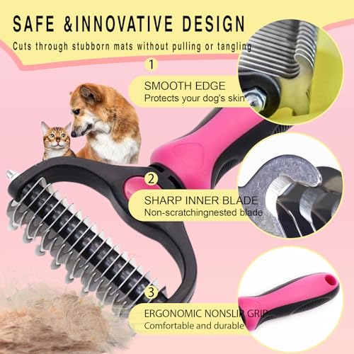 Pet Grooming Rake for Dogs & Cats - Double-Sided Deshedding and Dematting Tool, Gently Remove 95% of Loose Undercoat & Mats for Long-Haired Pets, Painless Fur Brush for Shedding Control (Pink) - color: Pink