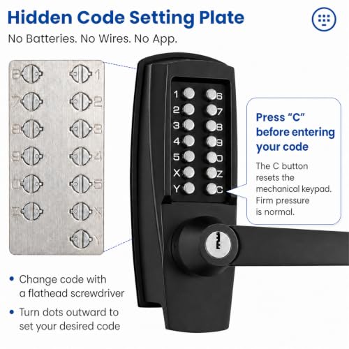 Commercial Keypad Lock with Handle, Battery-Free Mechanical Door Lock - color: Black