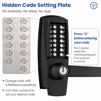Commercial Keypad Lock with Handle, Battery-Free Mechanical Door Lock - color: Black