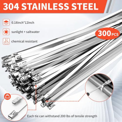 300-Piece Metal Zip Ties Gun Kit,12 Inch 304 Stainless Steel Ties Heavy Duty Outdoor,Adjustable Fastening Cutting Tie Tool for Fence, Chicken Coop,Cables, Pipesas well as Outdoor binding - size: 300PCS