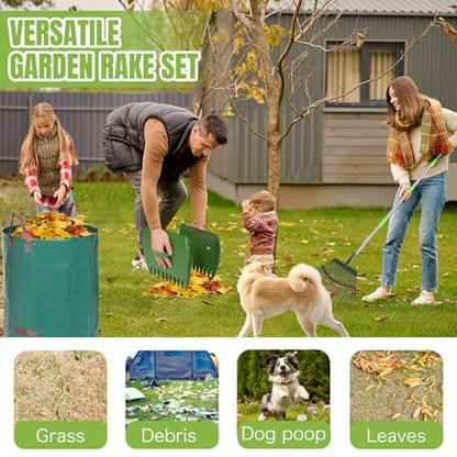 65 Inch 25 Tines Metal Leaf Rake Set with 32 Gal Bags Scoops, 18in Wide | Heavy duty lawn rake, Garden leaf collector, Yard clean up tool, Metal tines rake, Camping gear, Shrub rake, Weed remover - style: Green
