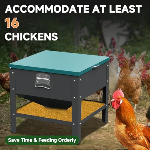 Metal Chicken Feeder with Waterproof Cover, Galvanized Steel Automatic Chicken Feeder, 80 lbs Large Capacity, No Waste Chicken Feeder with Portable Handles, Poultry Feeder for Chickens, Ducks - color: Green