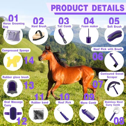 Abbylike 15 Pieces Horse Grooming Kit with Organizer Tote Bag Tack Room Supplies Horse Brush Sets Care Equine Cleaning Kit Shedding Grooming Massaging Tools(Purple and Grey) - color: Purple and Grey