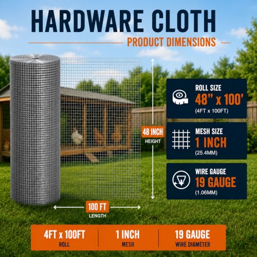 1in Hardware Cloth 48in x 100ft 19gauge Hot-Dip Galvanized Wire Mesh Roll - color: 1in 48''×100'