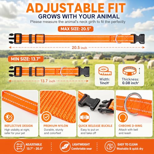 10 Pack Reflective Goat Collars with Bells, Adjustable for Sheep