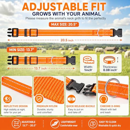 10 Pack Reflective Goat Collars with Bells, Adjustable for Sheep