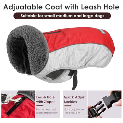 Petglad Dog Coat, Waterproof Ripstop Dog Winter Jacket with Leash Hole, Reflective Adjustable Warm Pet Fleece Snow Sweater for Small Medium Large Dogs - Red, 3XL - color: Red, size: 3XL