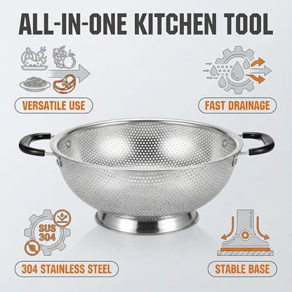304 Stainless Steel Colander, 3 Quart Micro-Perforated Strainer with Heavy Duty Plastic Handles - Fast Draining Metal Basket for Rinsing Rice, Washing Vegetables, Draining Pasta - Dishwasher Safe - size: 3QT-plus