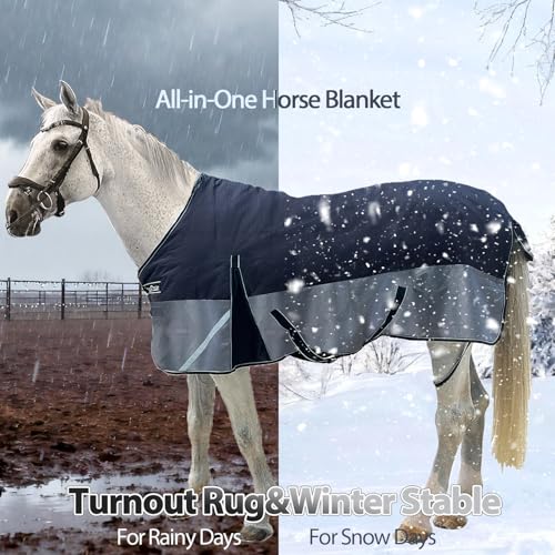 1200D Winter Horse Blanket,300g Fill,Black/Gray 66'' - color: Black/Grey 300g Fill, size: 66''