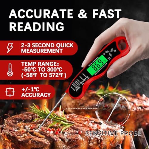 Cooking Thermometer，IP67 Waterproof Meat Thermometer Digital - color: Red