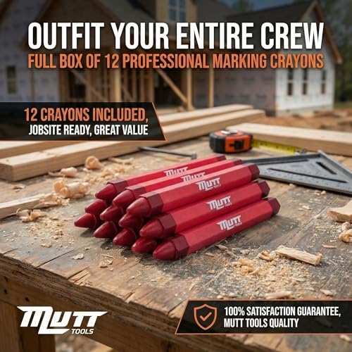 Mutt Tools Red Lumber Crayons 12 Pack - Construction Crayon | Red, 12 Pack, Wax Formula, Hexagonal Grip, High Visibility - color: Red