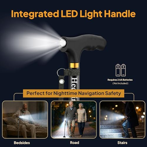 Walking Cane with LED Light, Foldable,Adjustable, Self Standing Walking Canes for Men & Women,Walking Sticks with Quad Base for Seniors & Adults - color: Black