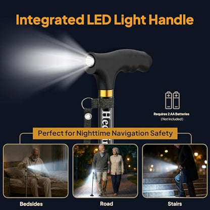 Walking Cane with LED Light, Foldable,Adjustable, Self Standing Walking Canes for Men & Women,Walking Sticks with Quad Base for Seniors & Adults - color: Black