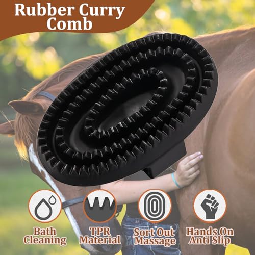 Curry Comb Kit, 6 Ring Curry Comb & Rubber Brush & Horse Grooming Mitts - color: Curry Comb Kit(3 Pcs)