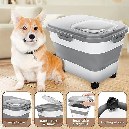 Dog Food Storage Container 17 lb, Airtight Pet Food Storage Containers with Wheels & Removable Sealed Lid, Collapsible Cat Food Containers Dry Food with Scoop and Measuring Cups - color: Gray & White