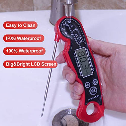 Meat Thermometer Digital for Grilling and Cooking - ANDAXIN Waterproof Ultra-Fast Instant Read Food thermometers with Backlight & Calibration for Kitchen, Deep Fry, BBQ, Grill(Red/Black), LCD - color: Red/Black