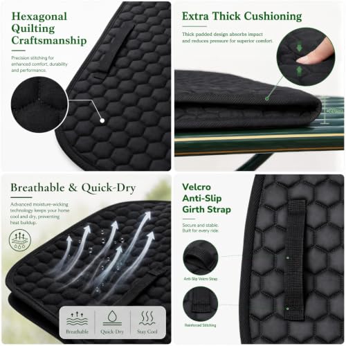 Horse Saddle Pad Non-Slip Cushion for English & Western Riding, Comfort & Protection for Horse Back, Prevents Sores & Chafing, Black
