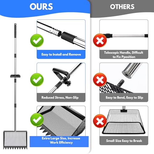 VEEMI Chicken Poop Scooper Rake 2-in-1,304 Stainless Steel Shovel Head, Chicken Litter Scoop with Handle for Chicken Coop for Sand, Pet Waste Cleaning, Litter Sifting Shovel (35 to 65") - color: Black
