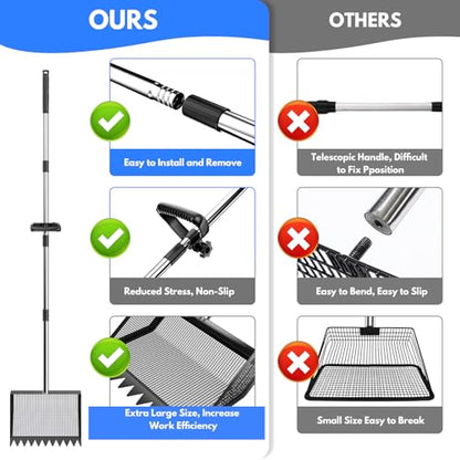 VEEMI Chicken Poop Scooper Rake 2-in-1,304 Stainless Steel Shovel Head, Chicken Litter Scoop with Handle for Chicken Coop for Sand, Pet Waste Cleaning, Litter Sifting Shovel (35 to 65") - color: Black