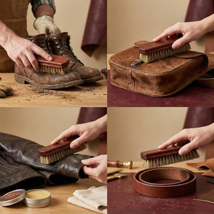6" Shoe Brush Set, 3-Stiffness Horsehair Boar Nylon | 100% Horsehair, Boar Bristle, Stiff Nylon Bristle; For Leather & Boots Cleaning & Polishing; Beech Wood Handle