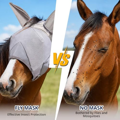 Adjustable Horse Fly Mask with Ears, UV Protection Mesh Fly Mask for Horse, Comfortable No Nose Design, Fits Average & Large Horse, Ideal as UV Fly Mask for Horses Against Insect Pests