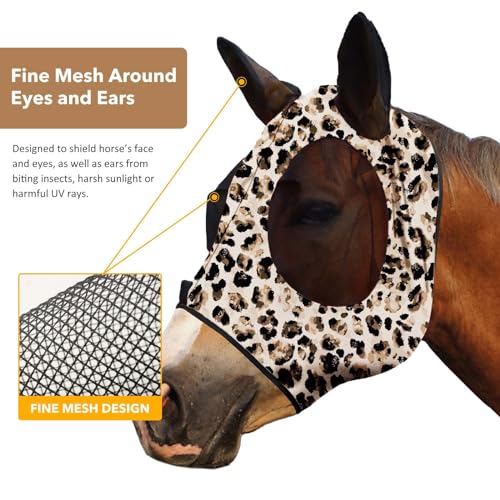 Harrison Howard Super Comfort Stretchy Fly Mask Large Eye Space with UV Protection Soft on Skin with Breathability Leopard Print M Cob - color: Leopard Print, size: Cob (Medium)