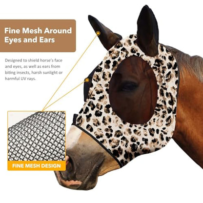 Harrison Howard Super Comfort Stretchy Fly Mask Large Eye Space with UV Protection Soft on Skin with Breathability Leopard Print M Cob - color: Leopard Print, size: Cob (Medium)