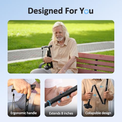 HEALTHBAZAAR Walking Cane for Men & Women with LED Light - Self Standing Pivot Cane, Adjustable, Lightweight, Folding Walking Sticks for Seniors & Adults with Wrist Strap, Travel Bag