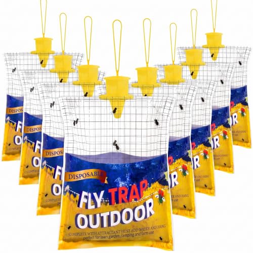 8 Big Fly Bags Outdoor Traps Hanging for Patio - Pre-Baited, Disposable | Fly Catcher Killer Repellent with 8*50g Bait for Outside in Chicken Coop, Horse Barns | Easy to use | Durable | Effective - size: 8 Pack