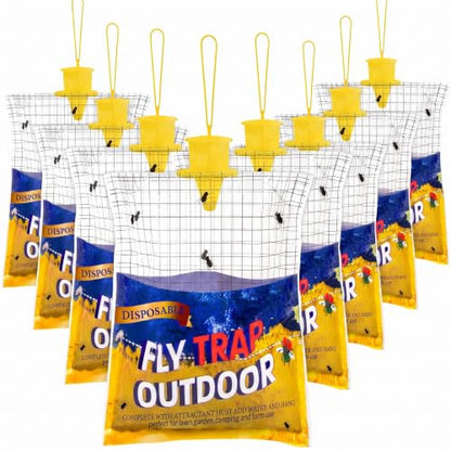 8 Big Fly Bags Outdoor Traps Hanging for Patio - Pre-Baited, Disposable | Fly Catcher Killer Repellent with 8*50g Bait for Outside in Chicken Coop, Horse Barns | Easy to use | Durable | Effective - size: 8 Pack